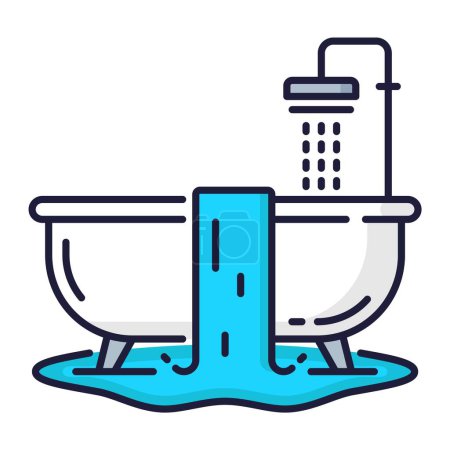 Illustration for Plumbing service color icon, bathroom water problems and pipes leakage, vector plumber works sign. Toilet bath and bathtub plumbing or repair service for shower water pipes fix and drain maintenance - Royalty Free Image