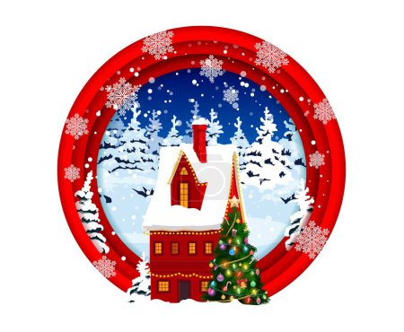 Illustration for Christmas paper cut banner with house building and holiday pine tree with snowflakes. Vector greeting card with countryside dwelling, snowfall and spruce at eve. 3d round frame with cartoon cottage - Royalty Free Image