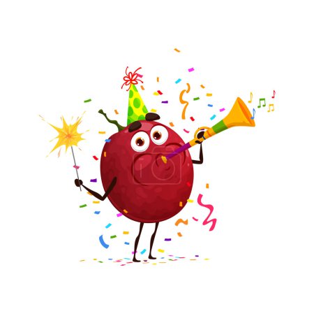 Illustration for Cartoon funny maracuya, passion fruit character on birthday party, anniversary holiday celebration. Cheerful tropical fruit vector personage with fireworks sparkler and horn on birthday holiday - Royalty Free Image