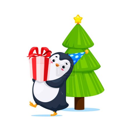 Téléchargez les illustrations : Dessin animé mignon personnage drôle de pingouin avec un cadeau par un sapin festif, apportant des sourires et de la joie pour la fête. Personnage de bébé oiseau ludique, adorable et aimable prêt pour la célébration de Noël et du Nouvel An - en licence libre de droit
