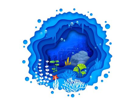 Illustration for Cartoon tropical sea paper cut landscape featuring colorful seaweeds, coral reef, rocks and air bubbles in blue water with vegetation silhouettes in depth. 3d vector background creating ocean vibes - Royalty Free Image
