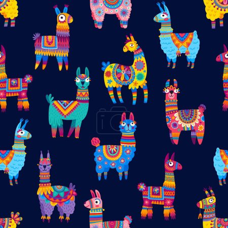 Illustration for Cartoon llama and alpaca characters seamless pattern. Wrapping paper seamless background, wallpaper vector pattern or textile print. Fabric backdrop with colorful mexican ornaments fur lama animal - Royalty Free Image