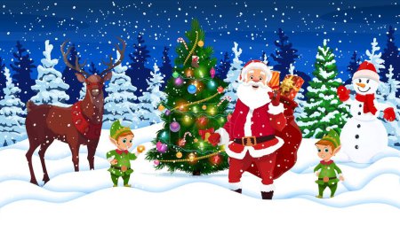 Illustration for Cartoon Santa with bag, Christmas tree, reindeer and elves in winter forest. Vector xmas characters Noel with deer, snowman and helpers near decorated spruce in night snowy wood with paper cut snow - Royalty Free Image