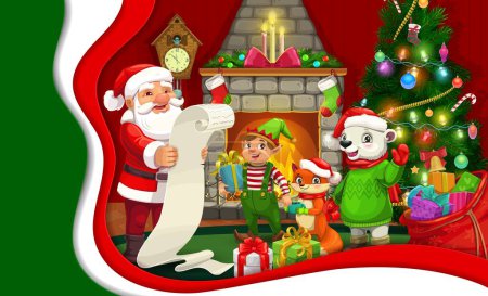 Illustration for Winter christmas paper cut banner with animal characters, fireplace interior and santa with wish list. Vector 3d layered frame, xmas celebration with funny Father Noel and elf, squirrel and polar bear - Royalty Free Image