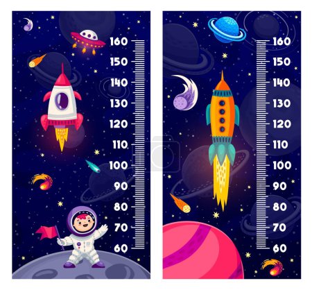 Illustration for Kids height chart measure ruler with spaceships and galaxy planets on starry space landscape. Vector measure scale wall sticker with cartoon kid astronaut character, rockets, UFO and stars - Royalty Free Image