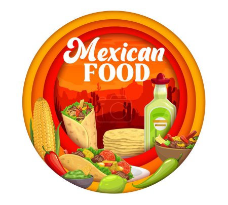 Téléchargez les illustrations : Bannière en papier de cuisine mexicaine. Cadre 3D vectoriel en couches rondes avec tequila, burrito, maïs, fajitas et tacos. Sauce guacamole, poivrons verts et rouges jalapeno et citron vert sur fond de paysage désertique - en licence libre de droit