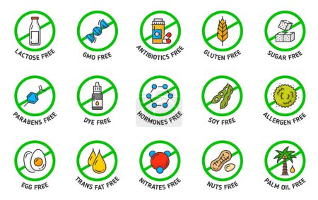 Illustration for Sugar, gluten, GMO, lactose free icons and signs. Organic product, certified quality food vector pictogram. Soy, allergen, parabens and trans fats, nitrates, palm oil, DYE and hormones contain label - Royalty Free Image