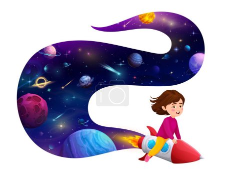Illustration for Cartoon kid girl astronaut flying on space rocket in starry galaxy with fantasy planets, stars and asteroids. Vector space travel and alien galaxy adventure of cute little girl spaceman character - Royalty Free Image