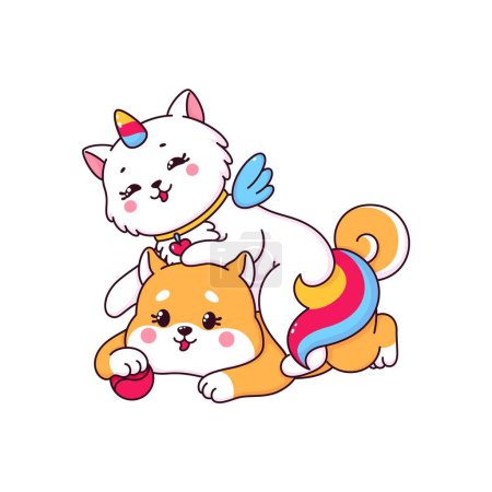 Illustration for Cartoon cute caticorn cat and shiba inu puppy characters, vector cat unicorn with rainbow tail. Caticorn kitten with wings and funny dog playing with ball with friendship and fun, kids characters - Royalty Free Image