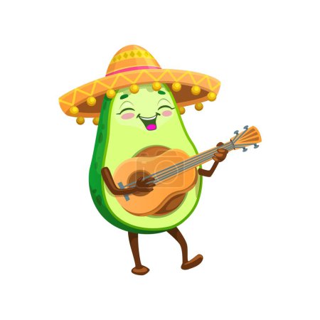 Illustration for Cartoon Mexican cheerful avocado mariachi character with guitar. Tropical fruit avocado, vegan healthy food adorable vector personage or mexican mariachi musician mascot playing guitar in sombrero - Royalty Free Image