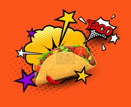 Illustration for Tex Mex Mexican taco with halftone bubbles, stars and explosion. Mexican cuisine restaurant, fast food cafe vintage vector banner or promo poster with taco meal, chili hot pepper and comic explosion - Royalty Free Image