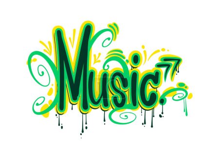 Illustration for Music graffiti, street art style word, urban text lettering in paint spray, vector airbrush calligraphy. Word Music in graffiti letters with play button arrow and green paint leak drips on wall - Royalty Free Image