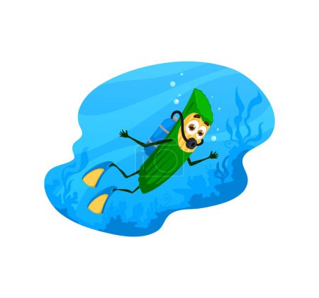 Illustration for Cartoon scuba diver pasta character on summer beach vacation. Cute italian penne macaroni vector personage diving into sea water with diving suit, mask and flippers on underwater landscape background - Royalty Free Image
