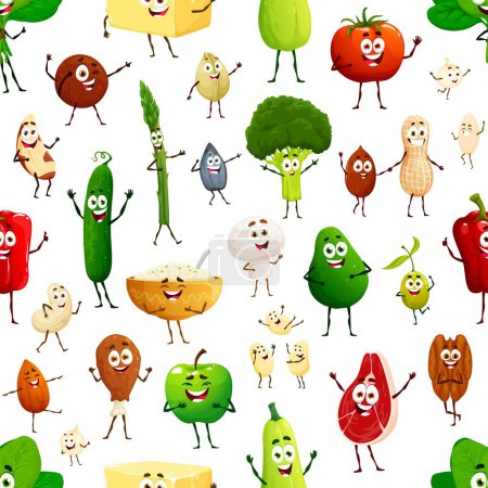 Illustration for Cartoon cute keto diet food characters seamless pattern. Wrapping paper pattern, wallpaper vector seamless background with broccoli, asparagus, cucumber and avocado, mushroom, peanut cute personages - Royalty Free Image