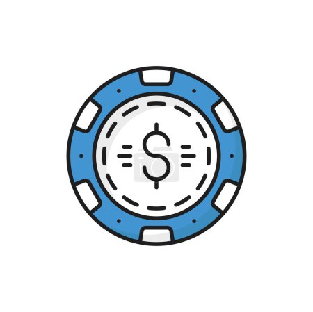 Illustration for Betting token, casino chips for poker or roulette isolated color line icon. Vector poker chip with dollar sign, gamble games playing cash in casino - Royalty Free Image