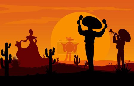 Téléchargez les illustrations : Musiciens de mariachis mexicains et silhouettes de danseuses dans un paysage désertique au coucher du soleil. Wild West nature fond vectoriel avec des cactus, ciel orange et ciel couchant, cow-boys charro avec sombrero, maracas - en licence libre de droit