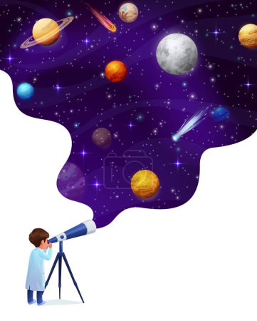 Illustration for Cartoon kid boy look through telescope to starry galaxy space with planets, vector poster. Planetary education in school, astronomy science and space exploration for kids with galactic stars in sky - Royalty Free Image