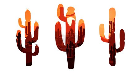 Téléchargez les illustrations : Paysage désertique mexicain aux silhouettes de cactus. Vecteur double exposition de cactus de saguaro avec sable désert nature au coucher du soleil, agave plantes succulentes, montagnes, ciel orange avec oiseau et coucher du soleil - en licence libre de droit