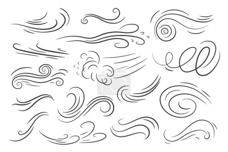 Téléchargez les illustrations : Doodle air wind motions. Ensemble vectoriel isolé de tourbillons abstraits, ondes de souffle, spirales courbes en couleurs noires, capturant l'essence dynamique du mouvement et de l'énergie d'une manière ludique et artistique - en licence libre de droit