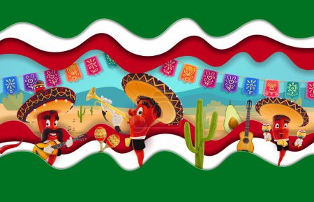 Ilustración de Chili mexicano mariachis músicos personajes en banner de papel cortado, vector Cinco de Mayo o fiesta del Día de la Independencia. Personajes de dibujos animados con sombreros, guitarra, maracas y trompeta - Imagen libre de derechos