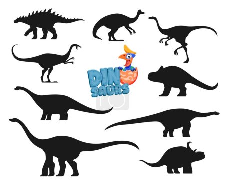 Ilustración de Dibujos animados dinosaurios personajes aislados siluetas. Struthiosaurus, Jaxartosaurus, Garudimimus, Elmisaurus and Protoceratops, Opisthocoelicaudia, Magyarosaurus, Quaesitosaurus dinosaur shilhouettes set - Imagen libre de derechos