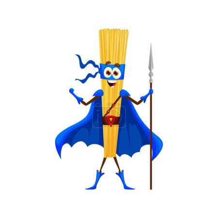 Téléchargez les illustrations : Cartoon italien spaghetti pâtes personnage de super-héros. Restaurant de cuisine italienne mascotte mignonne, repas de nouilles guerrier vecteur joyeux, personnage défenseur ou héros spaghetti en cape et masque, tenant lance - en licence libre de droit