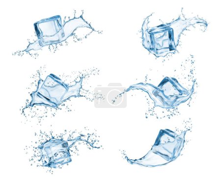 Illustration for Water splashes and ice cubes with drops. Vector 3d cold drink water waves, blue liquid swirls, cocktail flows and transparent frozen ice crystals set with realistic bubbles and falling droplets - Royalty Free Image