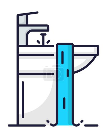Illustration for Color plumbing service icon, sink faucet repair from leakage in bathroom or toilet, vector outline sign. Plumber service icon for home water pipe plumbing, house bath sink fix and sewerage maintenance - Royalty Free Image