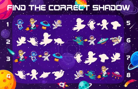 Illustration for Find correct shadow of astronauts in space with alien UFO and galaxy planets, vector quiz game for kids. Shadow match worksheet puzzle with kid spaceman on rocket or spaceship in galaxy and sky stars - Royalty Free Image