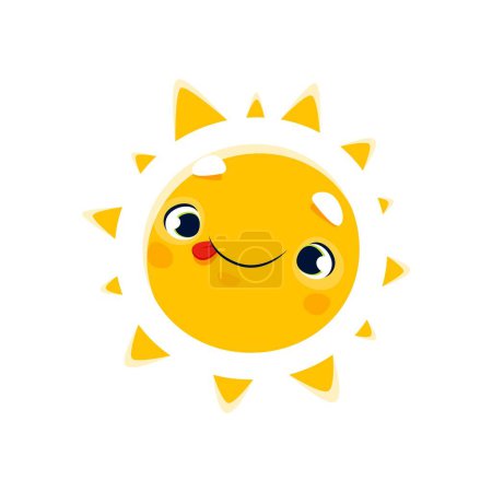 Téléchargez les illustrations : Dessin animé personnage de soleil mignon avec sourire drôle visage, emoji ou icône vectorielle emoticon. Joyeux soleil mignon avec la langue dehors et jaune rayons ensoleillés pour bébé ou enfants comique émoji joyeux - en licence libre de droit