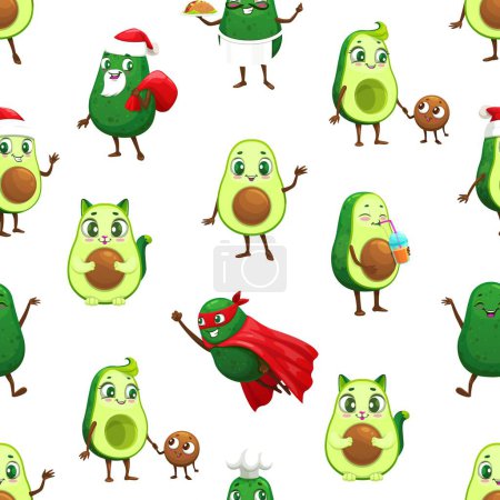 Illustration for Cartoon avocado characters seamless pattern. Wallpaper or wrapping paper vector backdrop. Textile pattern or fabric seamless print with avocado Santa, cat and superhero, chef comical personages - Royalty Free Image