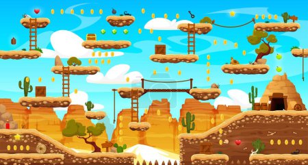 Illustration for Wild west western arcade game level map with platforms, canyons and mountains. Mobile game layer, computer videogame or mobile gaming app vector background. Retro arcade screen with desert ground - Royalty Free Image