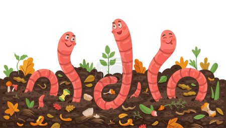 Ilustración de Tres divertidos gusanos de tierra de dibujos animados en tierra de compost con desechos orgánicos biológicos, fondo vectorial. Felices lombrices de tierra en tierra de compost de jardín con basura orgánica compostable o residuos biológicos - Imagen libre de derechos