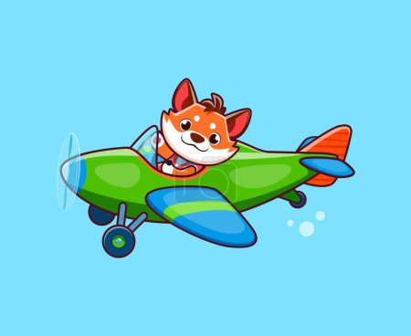 Illustration for Cartoon fox animal character on plane. Adorable animal child flying on vintage aircraft, funny pilot kid sitting in propeller plane isolated vector personage. Cute fox baby traveling on old airplane - Royalty Free Image