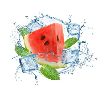 Illustration for Watermelon slice with liquid water splash. Clean and pure water or refreshing drink 3d realistic vector splatters. Cold beverage droplets or jet with watermelon slice, mint leaves and ice cubes - Royalty Free Image