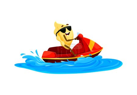 Téléchargez les illustrations : Dessin animé joyeux personnage de pâtes Orecchiette pendant les vacances d'été à la plage et les sports. Personnage vectoriel monte joyeusement un vélo d'eau, éclaboussant à travers les vagues, avec un grand sourire appréciant le vent et l'océan - en licence libre de droit