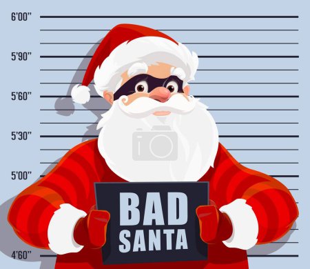 Weihnachten schlechter Weihnachtsmann Verbrecher mit Mugshot. Cartoon-Vektor zerzauste und trotzige Noel-Persönlichkeit in schwarzer Maske, gefangen in der Polizei, Verkörperung von Unfug und Rebellion während der Weihnachtszeit