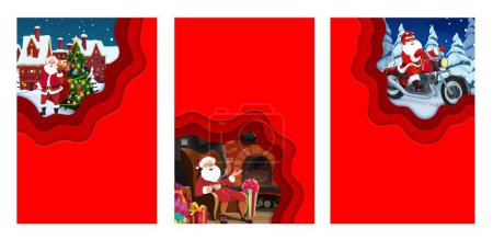 Illustration for Christmas paper cut posters. Cartoon vector holiday card templates with Santa with gifts bag near decorated pine tree snowy in town, funny Father Noel riding bike in forest and sitting at fireplace - Royalty Free Image