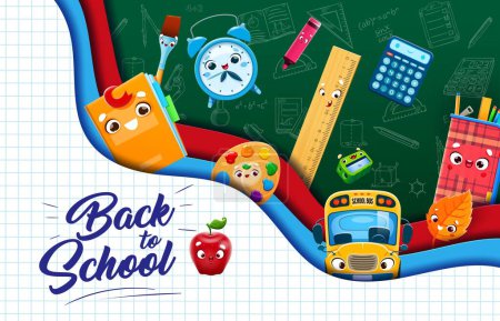 Illustration for Back to school paper cut banner. Bus and stationery funny characters. Vector background with cute cartoon notebook, alarm clock, ruler and paint palette. Calculator, paintbrush, felt-tip pen and leaf - Royalty Free Image