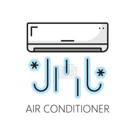 Illustration for Air conditioner furniture icon, home interior. Apartment or house ventilation, heating or cooling service thin line vector pictogram or symbol with air conditioning unit blowing cold air and snowflake - Royalty Free Image