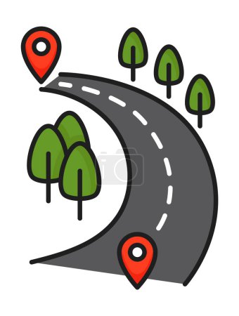 Ilustración de Icono de línea de carretera de color. Ruta de tráfico. Señal de vector lineal de autopista, autopista o calzada, símbolo de contorno de carretera de velocidad o pictograma con árboles, giros de carretera y pines de navegación - Imagen libre de derechos