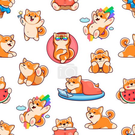 Illustration for Cartoon kawaii Shiba Inu dog characters seamless pattern. Fabric print, wallpaper vector seamless background with funny Shiba Inu puppy personage reading book, eating watermelon, sliding on rainbow - Royalty Free Image