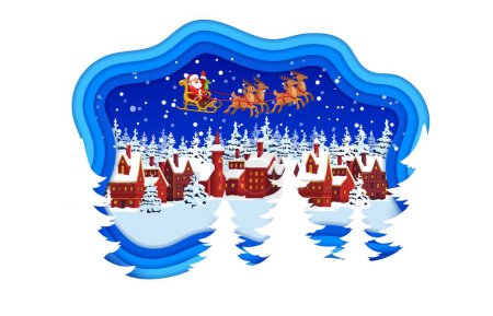 Illustration for Christmas paper cut banner with Santa on sleigh and winter snowy town, vector cartoon papercut. Christmas winter holidays card with Santa and gifts bag on reindeer sleigh in paper cut layers - Royalty Free Image