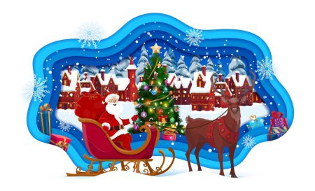 Téléchargez les illustrations : Carte de voeux coupée en papier de Noël. Paysage urbain hivernal avec le Père Noël en traîneau. Cadre ondulé vectoriel en couches 3D avec Noel assis dans le traîneau de cerf devant le pin décoré et les chalets à la veille de Noël - en licence libre de droit
