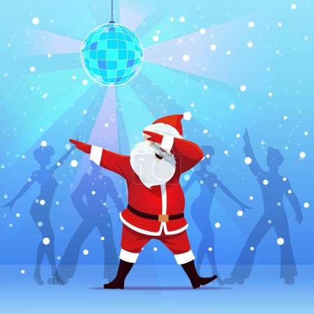 Téléchargez les illustrations : Dab dance, dessin animé Santa danse sur la fête de Noël. Personnage vectoriel drôle Père Noël barboter sur la piste de danse de boîte de nuit avec des silhouettes de danseurs, boule disco, lumières. Joyeux Noël carte de voeux - en licence libre de droit