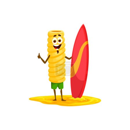 Illustration for Cartoon cheerful Tortiglioni pasta character on summer beach vacation and sports. Isolated vector noodle personage stands at seashore with surfboard in hands, showing thumb up. exuding holiday vibes - Royalty Free Image