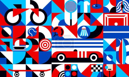 Illustration for Bauhaus geometric summer sport pattern. Summer sport activities retro design background or geometric patterns vector collage with bicycle, tennis ball, skateboard and basketball hood, kayak, surfboard - Royalty Free Image