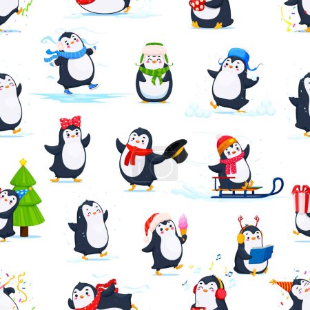 Téléchargez les illustrations : Personnages de pingouin drôle mignon dessin animé motif sans couture. Textile ou papier d'emballage de Noël en toile de fond vectoriel avec pingouin personnages heureux lecture de livre, danse, écouter de la musique et jouer des boules de neige - en licence libre de droit