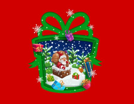 Téléchargez les illustrations : Silhouette cadeau de Noël avec Père Noël sur le toit et flocons de neige. Vecteur double exposition Père Noël personnage de dessin animé dans la cheminée avec sac rouge et Noël cadeaux de vacances en 3d cadre stratifié - en licence libre de droit