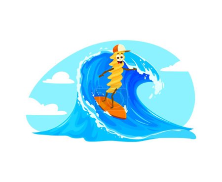 Téléchargez les illustrations : Cartoon joyeux personnage de pâtes Fusilli chevauche les vagues sur une planche de surf pendant les vacances d'été à la plage. Vecteur joyeux en forme de spirale nouilles surfeur personnage sportif avec un visage souriant, jouissant d'un plaisir extrême - en licence libre de droit